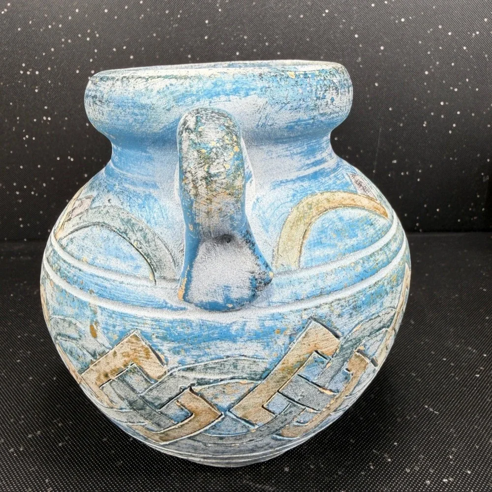 Andalusia Spain Studio Pottery Vase Blue White Geometric Carved 6in Handle VTG